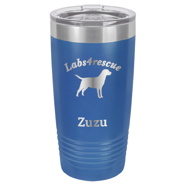 Royal blue laser engraved 20 oz tumbler featuring the Labs4rescue logo and the name Zuzu.