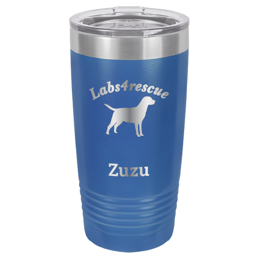 Royal blue laser engraved 20 oz tumbler featuring the Labs4rescue logo and the name Zuzu.
