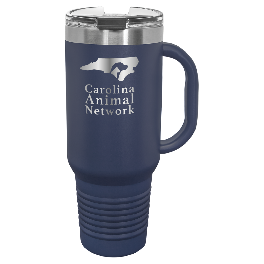 Navy blue 40 oz water bottle laser engraved tumbler featuring the Carolina Animal Network logo