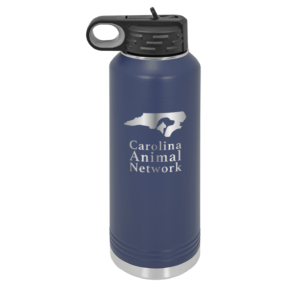Navy blue 40 oz water bottle laser engraved  tumbler featuring the Carolina Animal Network logo