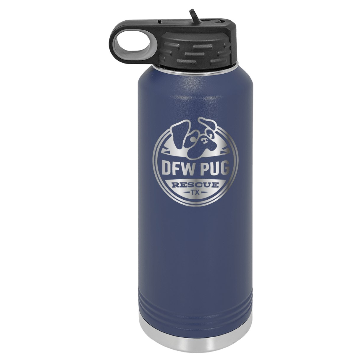 Navy blue laser engraved 40 oz water bottle featuring the DFW Pug Rescue logo