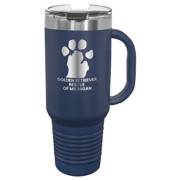 Navy Blue 40 Oz laser engraved tumbler featuring the Golden Retriever Rescue of Michigan (GRRoM) logo