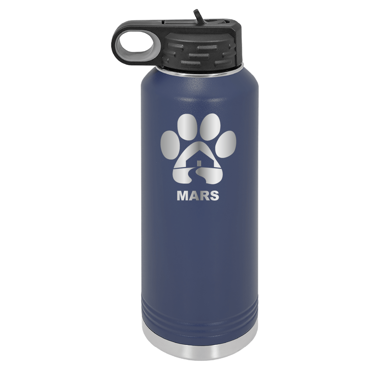 Navy blue 40 ounce laser engraved water bottle, featuring the with the Midwest Animal Rescue & Services (MARS) logo