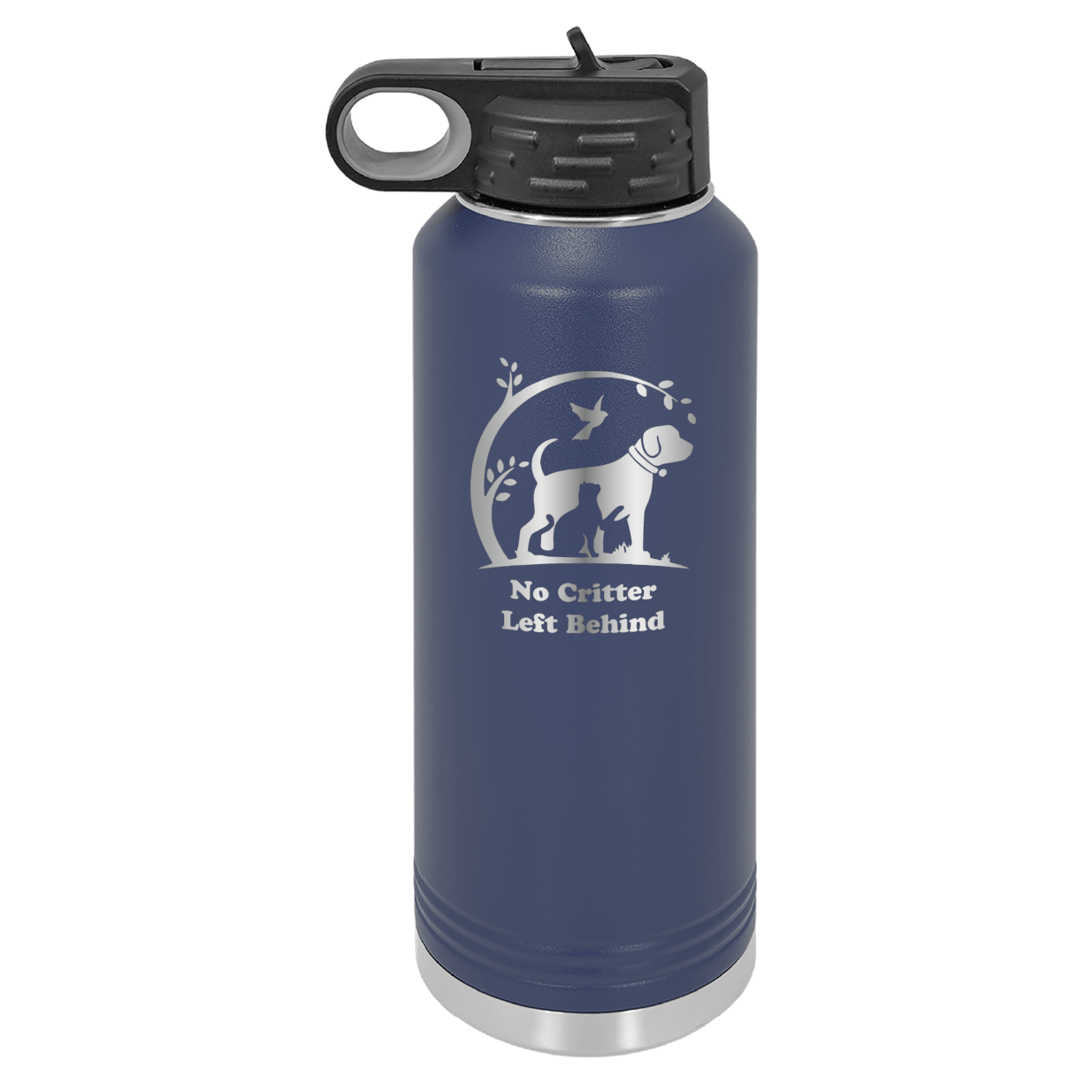 Navy blue laser engraved 40 oz water bottle featuring the No Critter Left Behind logo