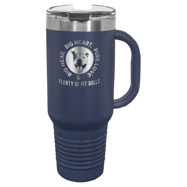 Navy blue 40 oz tumbler with handle laser engraved featuring the Plenty of Pit Bulls logo
