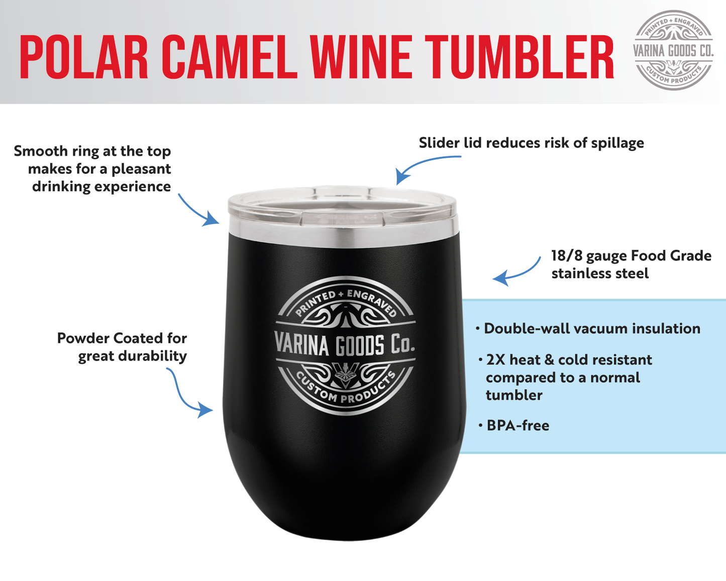 Laser Engraved 12 Oz Wine Tumbler with Your Logo (Case of 24)