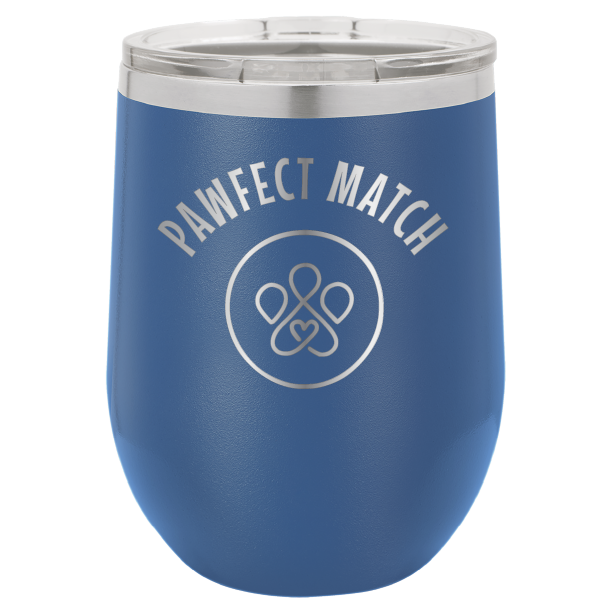 Royal blue laser engraved wine tumbler featuring the Pawfect March logo
