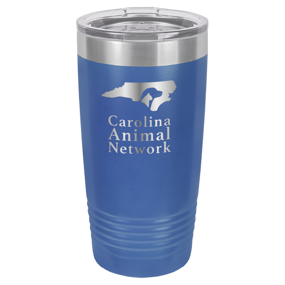 Royal blue 20 ounce tumbler laser engraved tumbler featuring the Carolina Animal Network logo