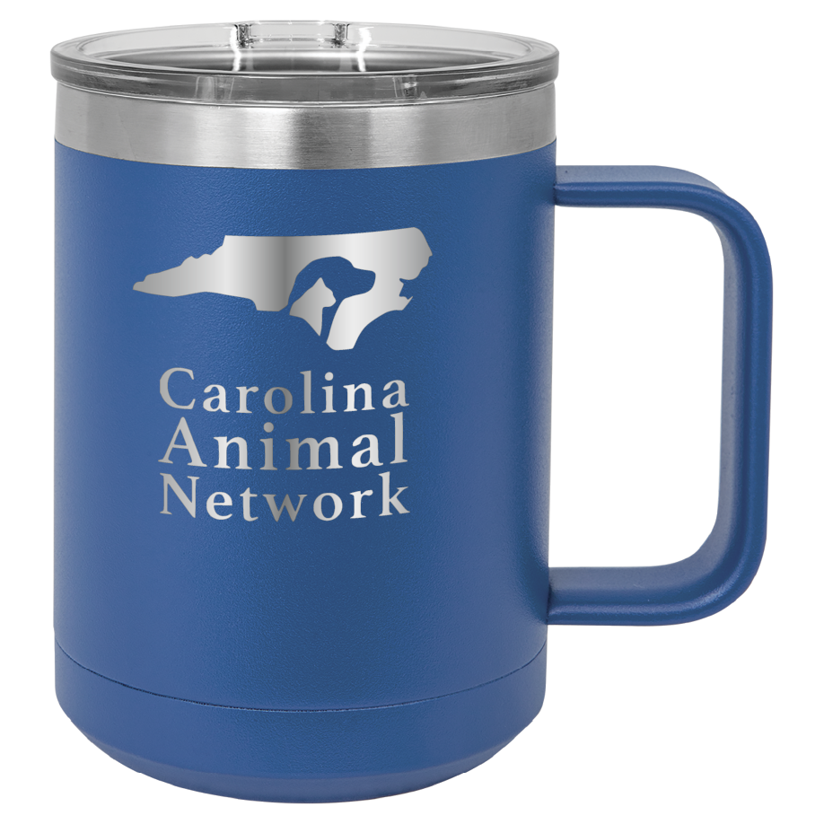 Royal blue 15 oz coffee cup laser engraved  tumbler featuring the Carolina Animal Network logo