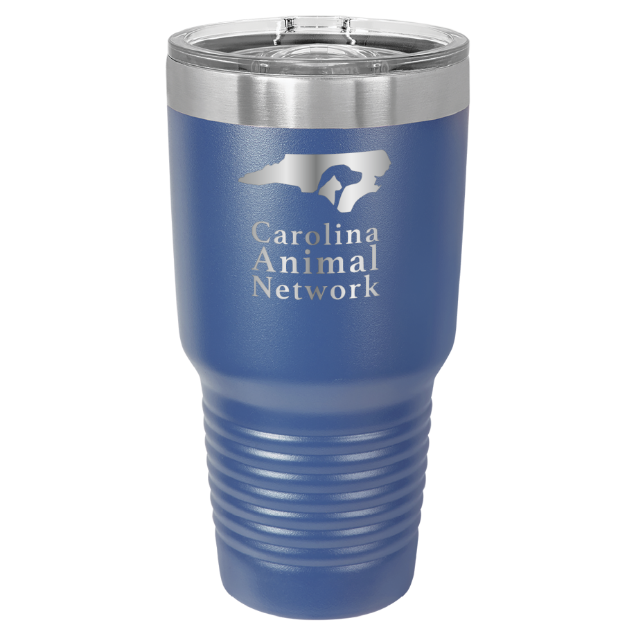 Royal blue 30 oz tumbler laser engraved tumbler featuring the Carolina Animal Network logo
