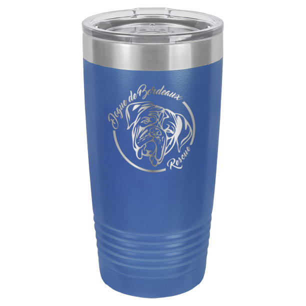 Royal blue 20 ounce laser engraved  tumbler featuring the Dogue de Bordeaux Rescue, Inc. logo