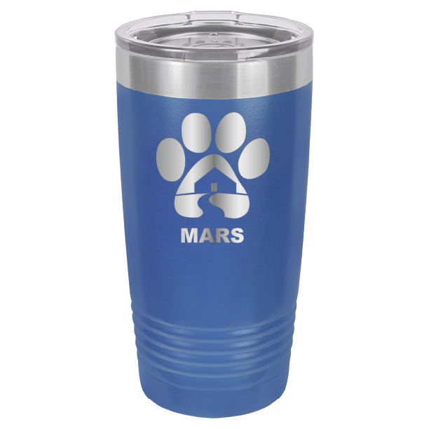 Royal blue 20 ounce laser engraved tumbler with the Midwest Animal Rescue & Services (MARS) logo.
