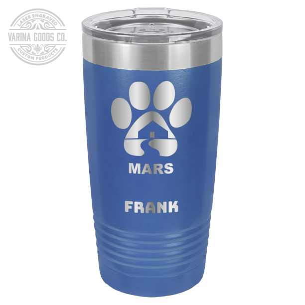 Royal blue 20 ounce laser engraved tumbler with the Midwest Animal Rescue & Services (MARS) logo and the name, "Frank"