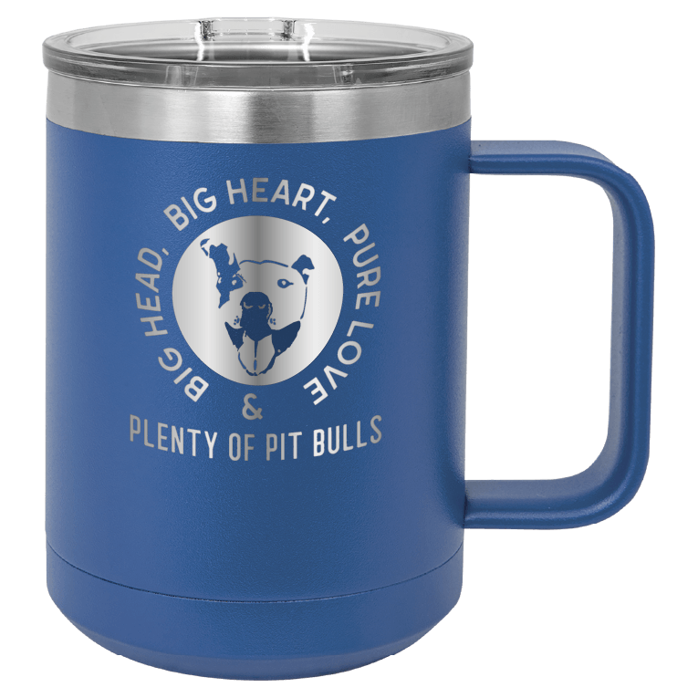 Royal blue 15 oz coffee cup laser engraved featuring the Plenty of Pit Bulls logo
