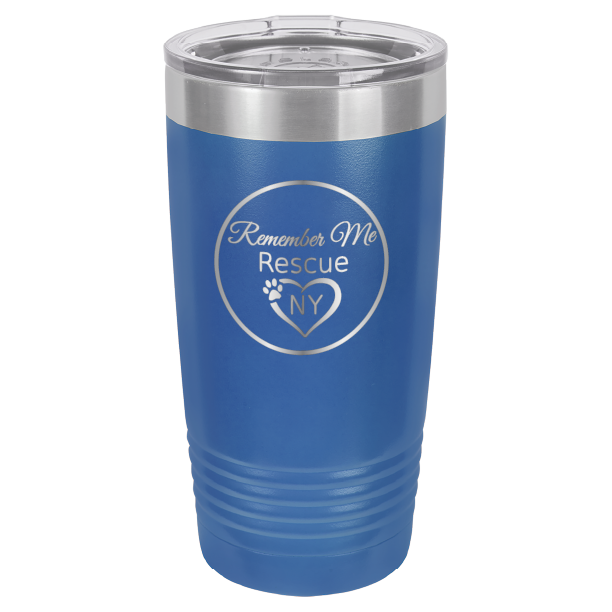 Royal Blue laser engraved 20 tumbler featuring the logo of Remember Me Rescue NY