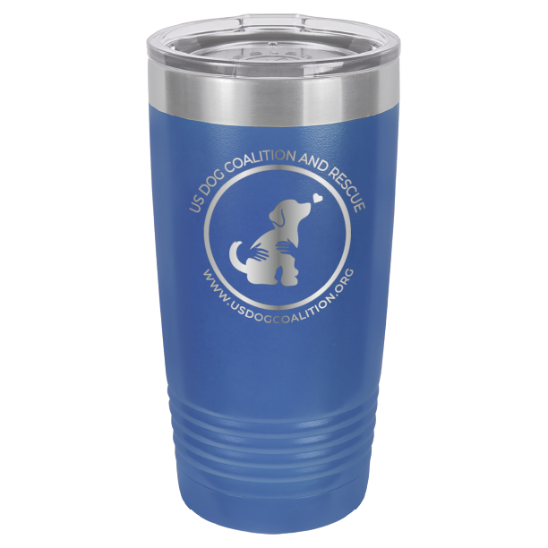 Royal Blue 20 Oz Laser Engraved Tumbler featuring the US Dog Coalition logo.