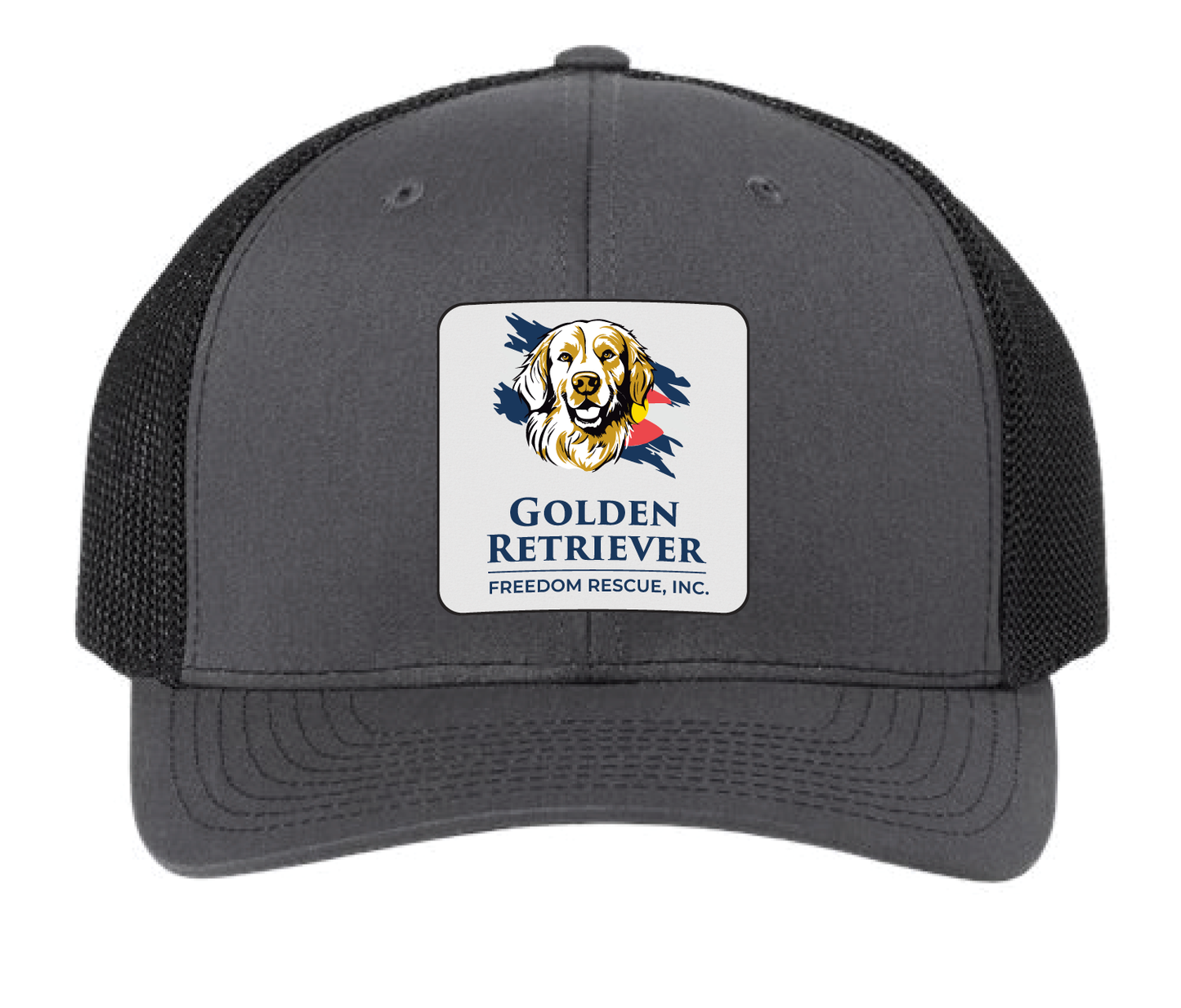 Charcoal/Black trucker hat featuring the Golden Retriever Freedom Rescuelogo in a full color leatherette patch. Front view.