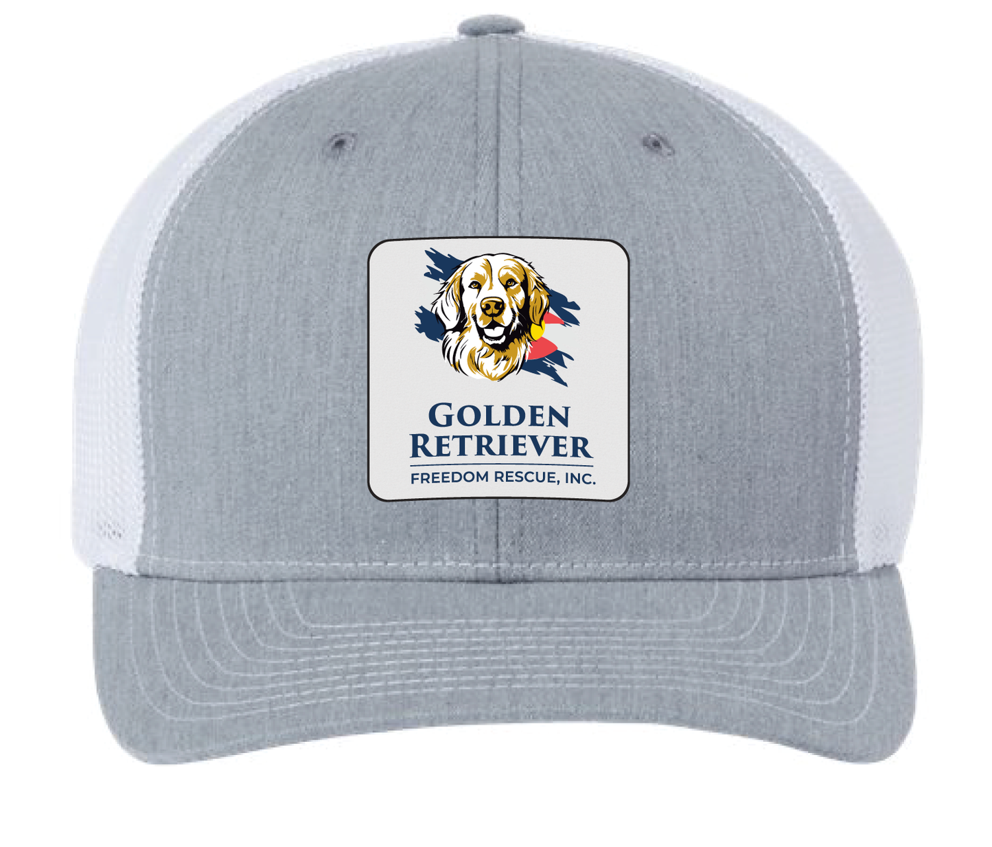 Heather gray/white trucker hat featuring the Golden Retriever Freedom Rescuelogo in a full color leatherette patch. Front view.
