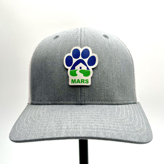 Midwest Animal Rescue and Services gray and white trucker hat with a full color patch.