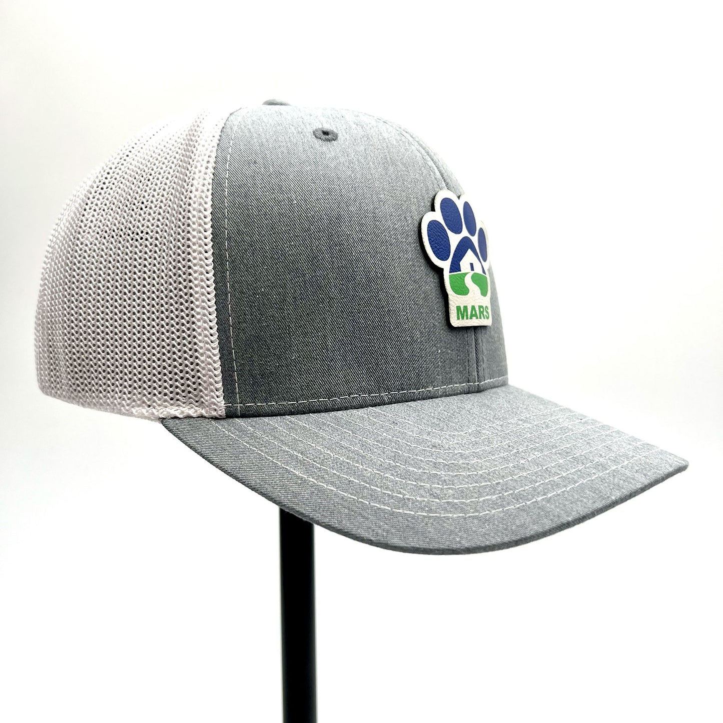 Midwest Animal Rescue and Services gray and white trucker hat with a full color patch.