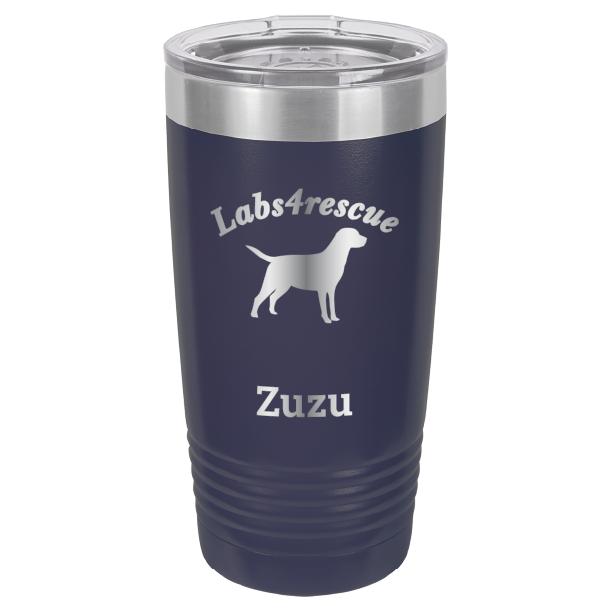 Navy blue laser engraved 20 oz tumbler featuring the Labs4rescue logo and the name Zuzu.