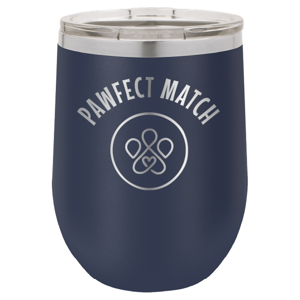 Navy Blue laser engraved wine tumbler featuring the Pawfect March logo