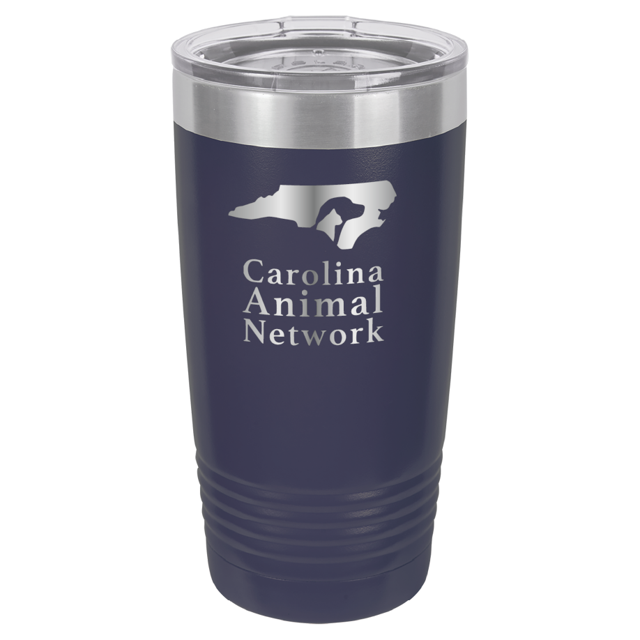 Navy blue 20 ounce tumbler laser engraved  tumbler featuring the Carolina Animal Network logo
