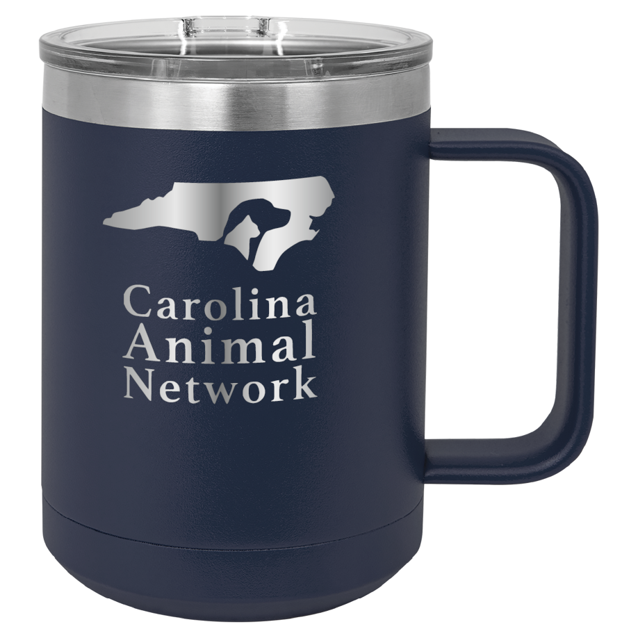 Navy blue 15 oz coffee cup laser engraved  tumbler featuring the Carolina Animal Network logo