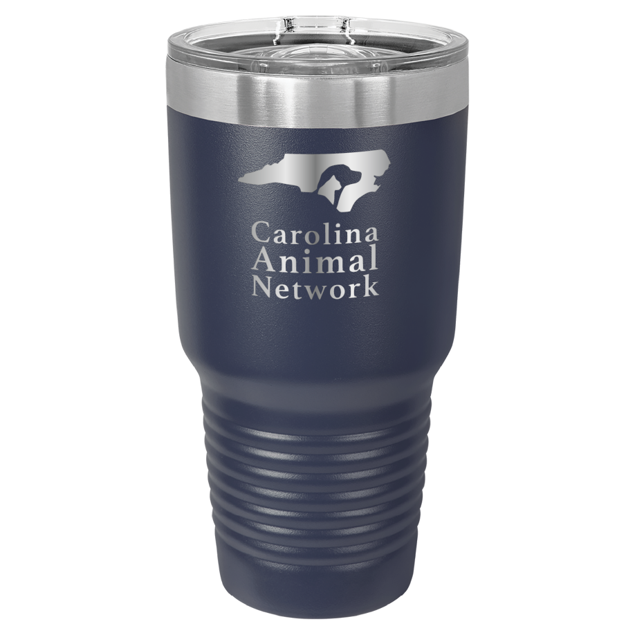 Navy blue 30 oz tumbler laser engraved tumbler featuring the Carolina Animal Network logo