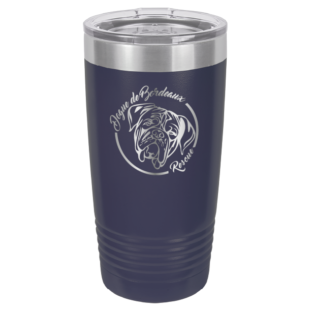 Navy blue 20 ounce laser engraved  tumbler featuring the Dogue de Bordeaux Rescue, Inc. logo