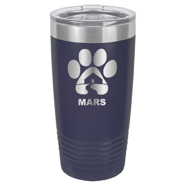 Navy blue 20 ounce laser engraved tumbler with the Midwest Animal Rescue & Services (MARS) logo.