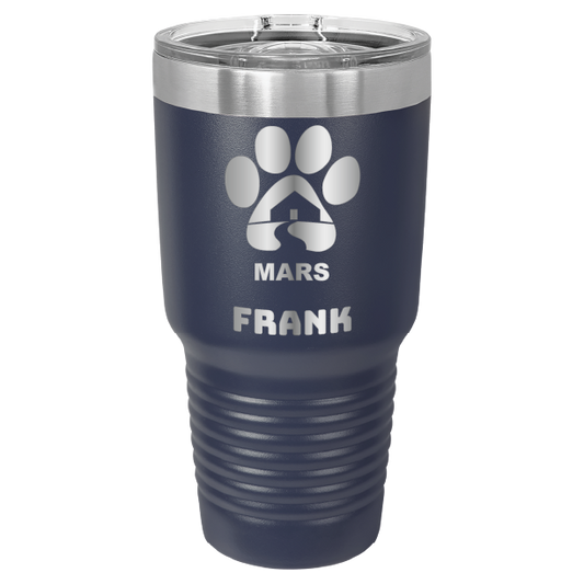 Navy blue 30 ounce laser engraved tumbler with the Midwest Animal Rescue & Services (MARS) logo and the name, "Frank"