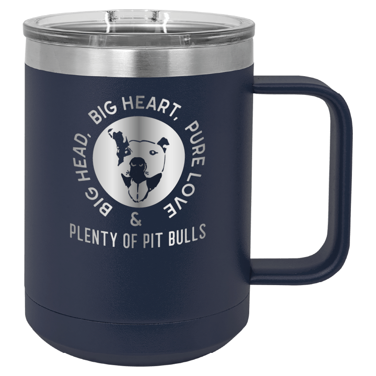 Navy blue 15 oz coffee cup laser engraved featuring the Plenty of Pit Bulls logo