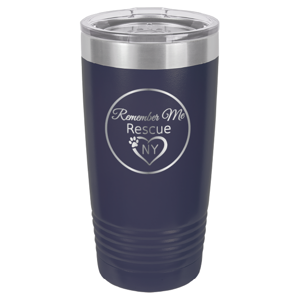 Navy Blue laser engraved 20 tumbler featuring the logo of Remember Me Rescue NY