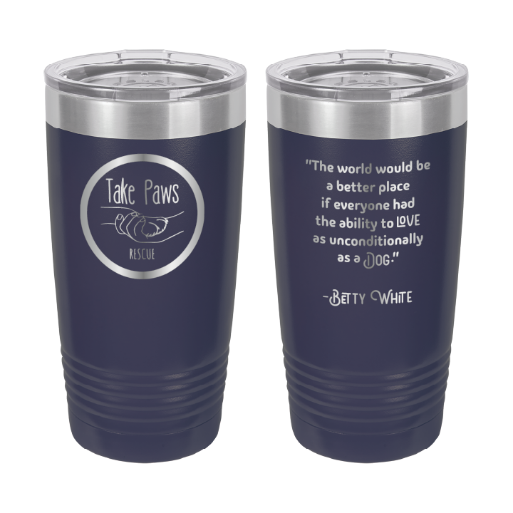Navy blue 20 ounce tumbler laser engraved  tumbler featuring the Take Paws Rescue logo