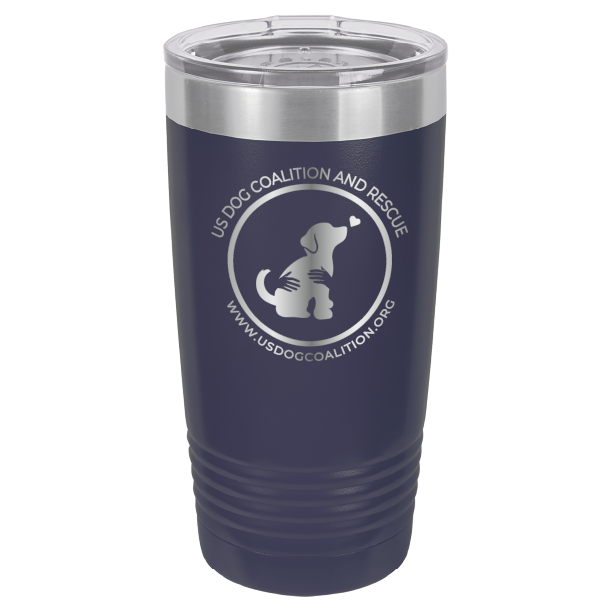 Navy Blue 20 Oz Laser Engraved Tumbler featuring the US Dog Coalition logo.