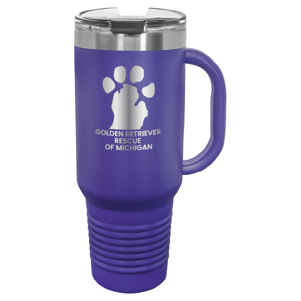 Purple 40 Oz laser engraved tumbler featuring the Golden Retriever Rescue of Michigan (GRRoM) logo