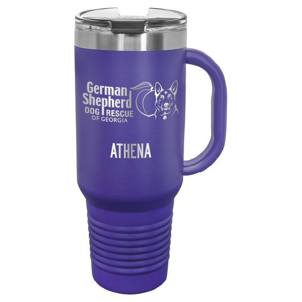40 Oz travel tumbler, laser engraved with the logo of German Shepherd Dog Rescue of Georgia, in purple