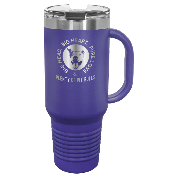 Purple 40 oz tumbler with handle laser engraved featuring the Plenty of Pit Bulls logo