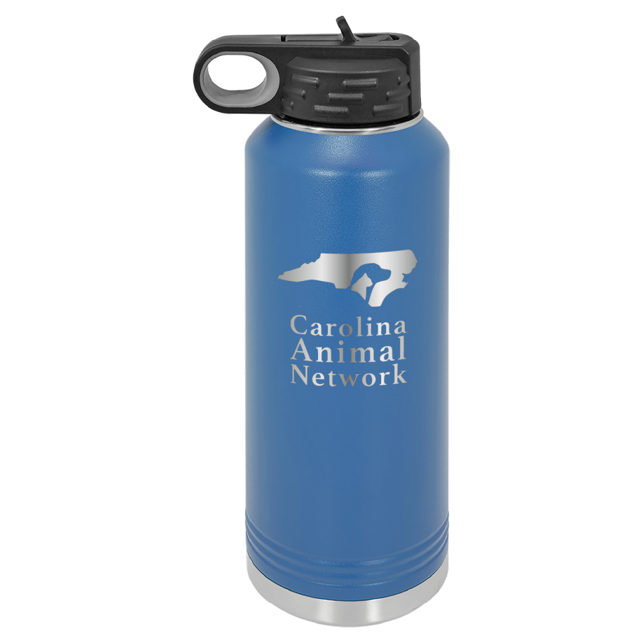 Royal blue 40 oz water bottle laser engraved tumbler featuring the Carolina Animal Network logo