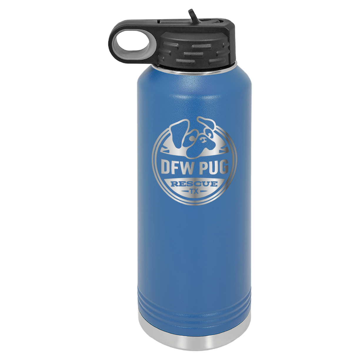 Royal blue laser engraved 40 oz water bottle featuring the DFW Pug Rescue logo