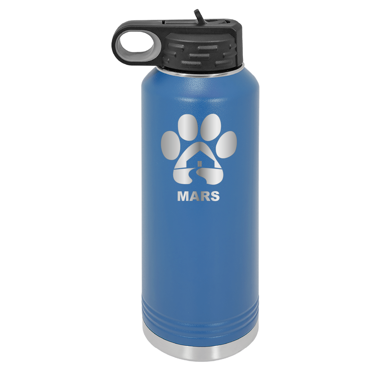 Royal blue 40 ounce laser engraved water bottle, featuring the with the Midwest Animal Rescue & Services (MARS) logo