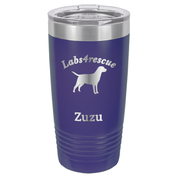 Purple laser engraved 20 oz tumbler featuring the Labs4rescue logo and the name Zuzu.