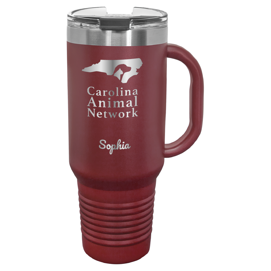 Maroon 40 oz water bottle laser engraved tumbler featuring the Carolina Animal Network logo and the name "Sophia"