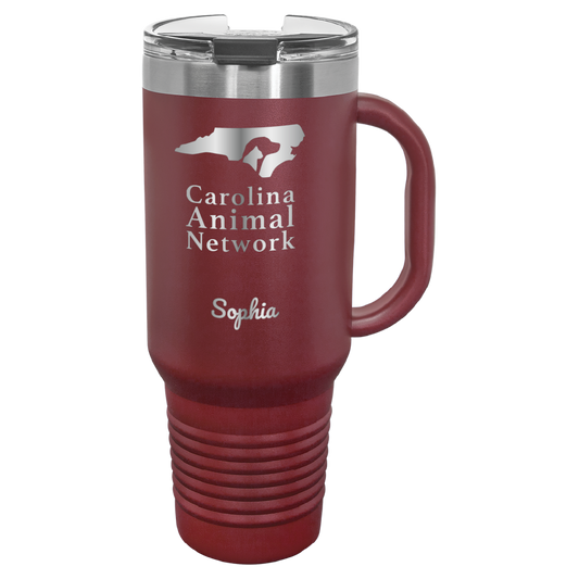 Maroon 40 oz water bottle laser engraved  tumbler featuring the Carolina Animal Network logo and the name "Sophia"