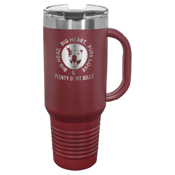 Maroon 40 oz tumbler with handle laser engraved featuring the Plenty of Pit Bulls logo