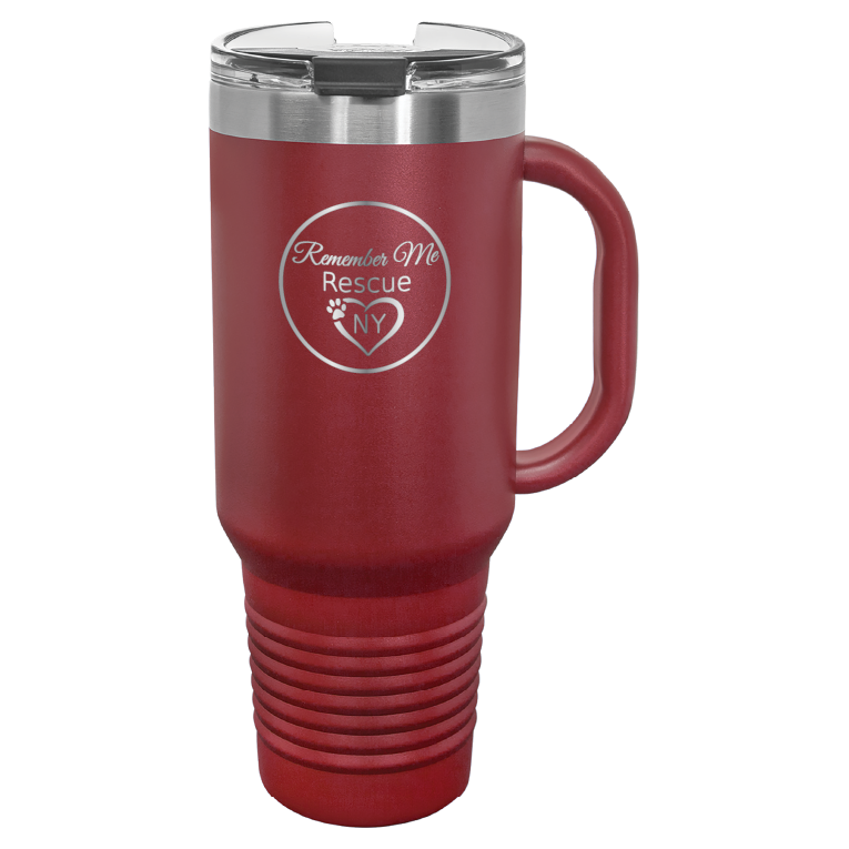 Maroon 40 oz laser engraved tumbler featuring the Remember Me Rescue NY logo.