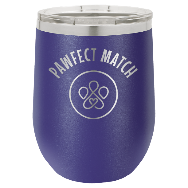 Purple laser engraved wine tumbler featuring the Pawfect March logo