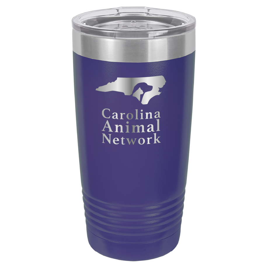 Purple 20 ounce tumbler laser engraved tumbler featuring the Carolina Animal Network logo