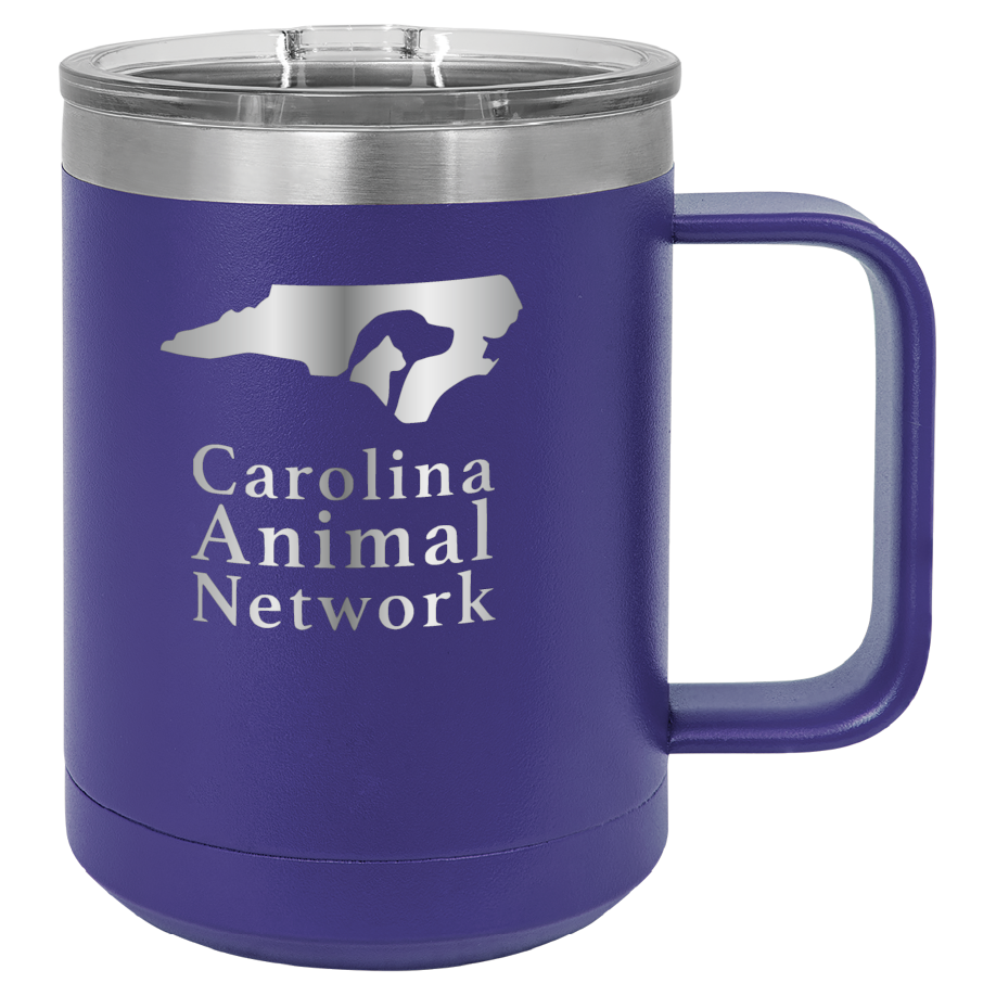 Purple 15 oz coffee cup laser engraved tumbler featuring the Carolina Animal Network logo